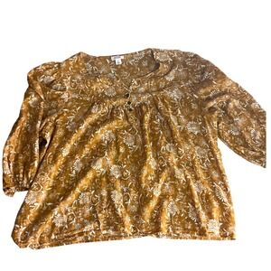 Ana Mustard Yellow Floral Blouse XL Button Front Puff Sleeve Boho Cottageore